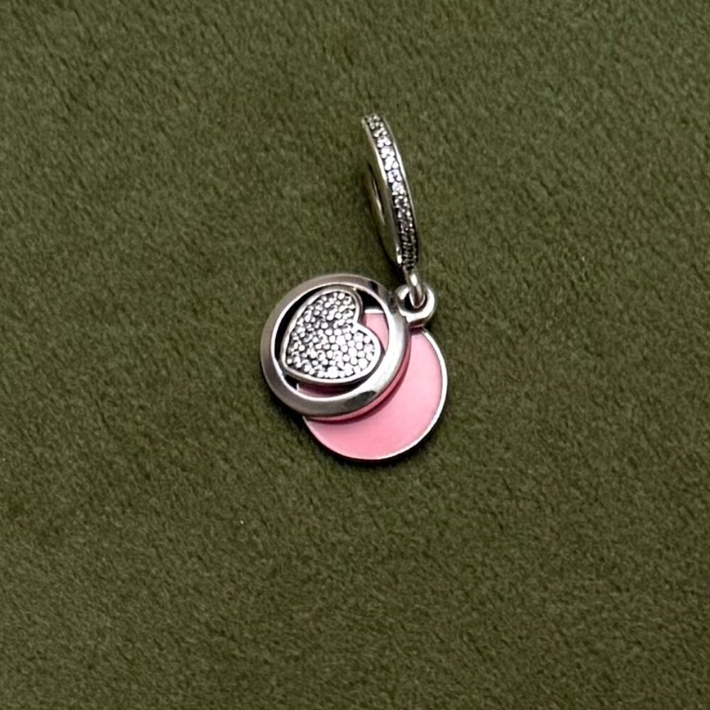 NEW AUTHENTIC PANDORA Devotion Pink Enamel Disc and CZ Heart Charm on Sterling